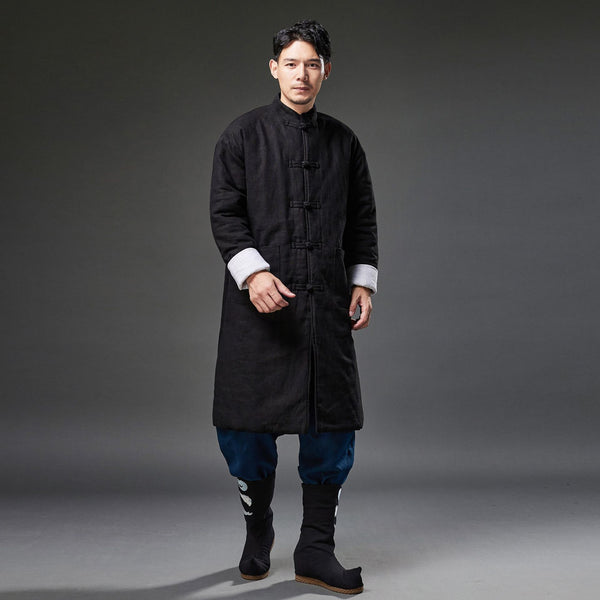 2021 Winter NEW! Men Retro Chinese Style Linen and Cotton Quilted Long Tunic Coat