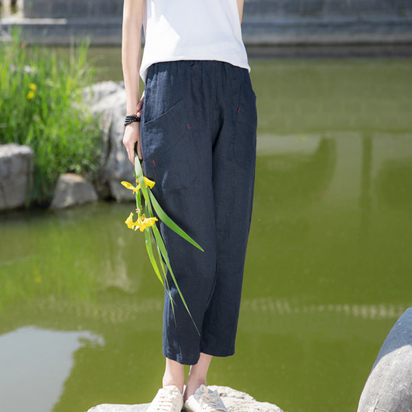 2022 Summer NEW! Women Retro Style Sand Washed Linen and Cotton Font Pocket Pegged Pants