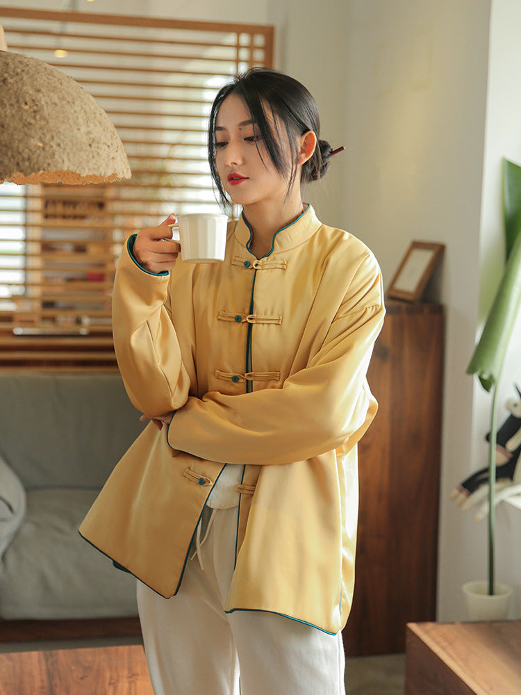 Winter NEW! Women Round Collar Asian Silk Style Quilted Long-sleeved Jacket