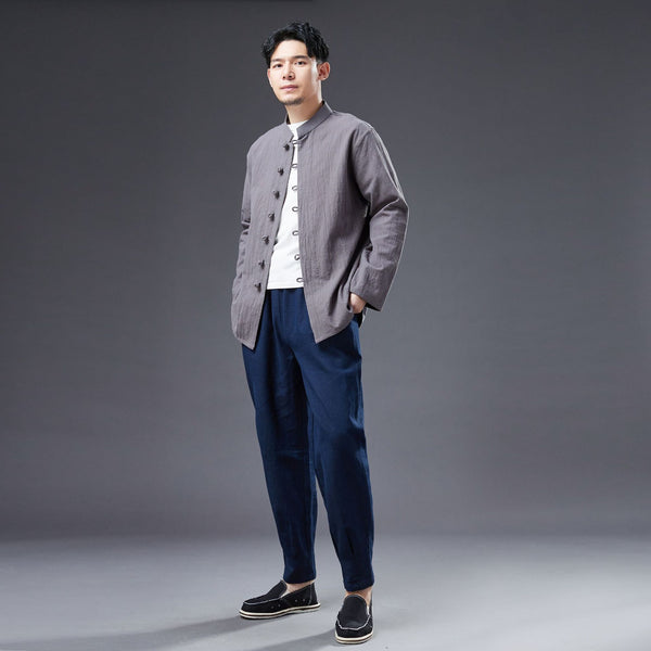 2022 Summer NEW! Men Easten Style Sand Washed Linen and Cotton Long Sleeve Middle Buckle Thin Jacket