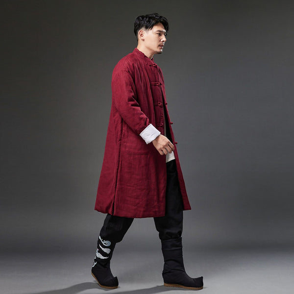 2021 Winter NEW! Men Retro Chinese Style Linen and Cotton Quilted Long Tunic Coat