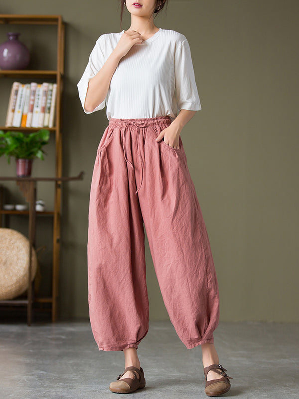 2021 Autumn NEW! Women Lantern Style Linen and Cotton Causal with Waist Belt Loose Cropped Pants