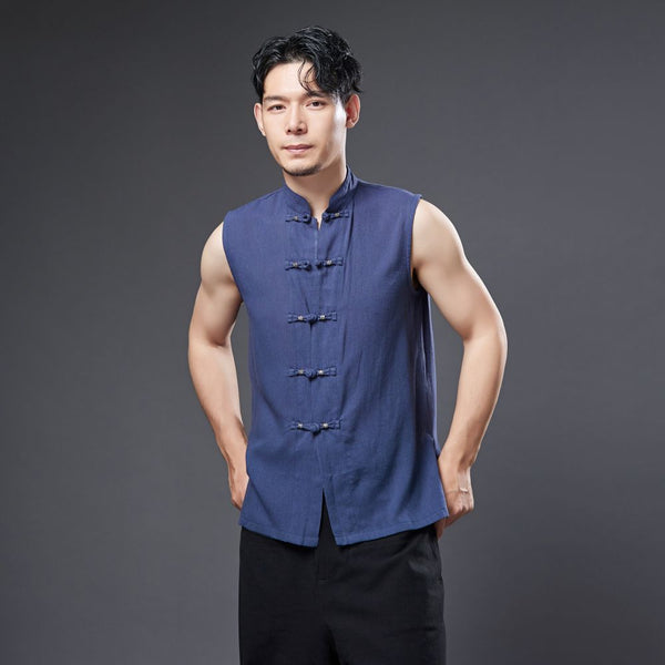 2022 Summer NEW! Men Ethnic Style Linen and Cotton Middle Buckle Vest