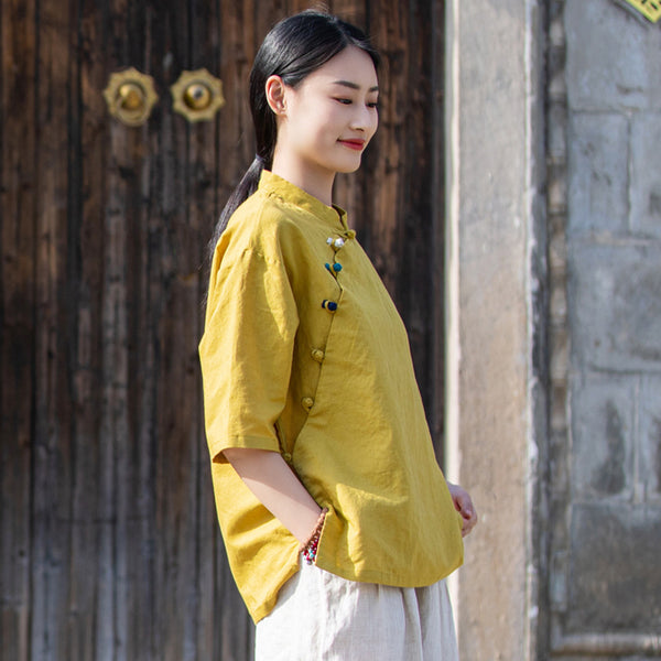 2022 Summer NEW! Women Chinese Ethnic Style Linen and Cotton Mid-length Sleeves Shirt