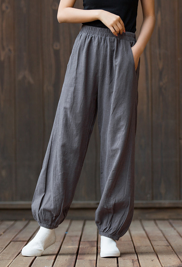 2022 Summer NEW! Women Sporty Style Lantern Leisure Sand Washed Linen and Cotton Pants