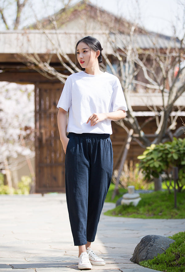 2022 Summer NEW! Women Sporty Style Lantern Leisure Linen and Cotton Cropped Pants