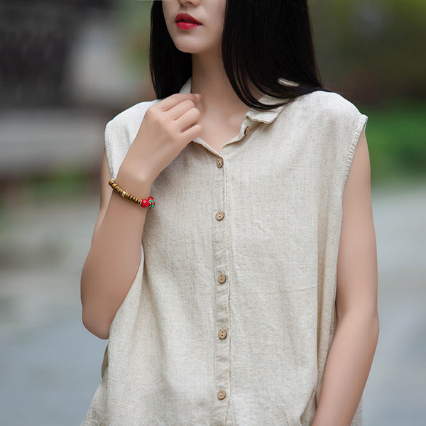 Women Sand-Washed Linen and Cotton Long Sleeveless Shirt