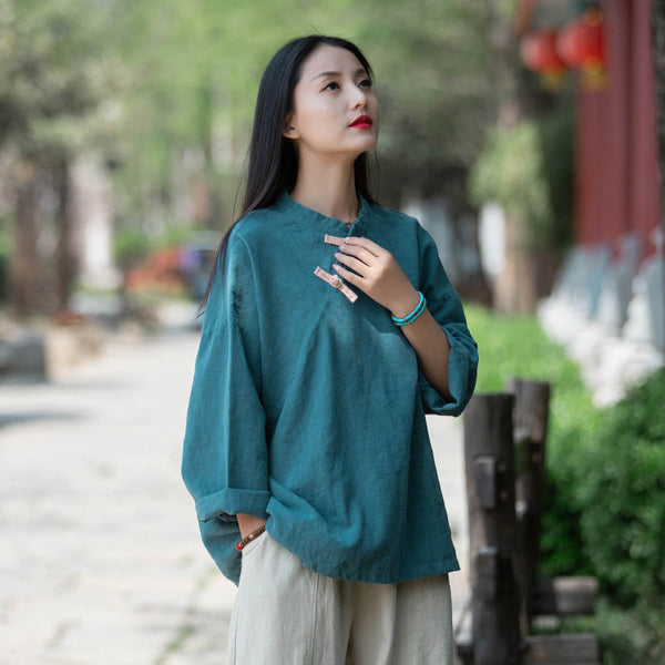 Women Sand-Washed Round Collar Zen Style Linen and Cotton Long Sleeves Side Cardigan Shirt