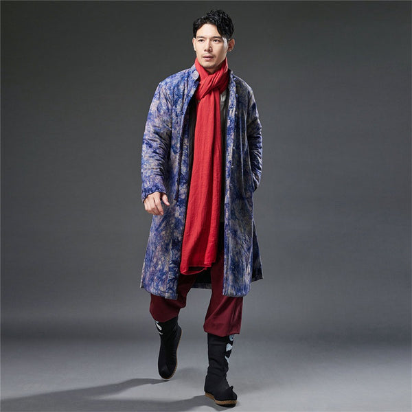 2021 Winter NEW! Men Retro Blue Dyed Linen and Cotton Quilted Tunic Type Coat