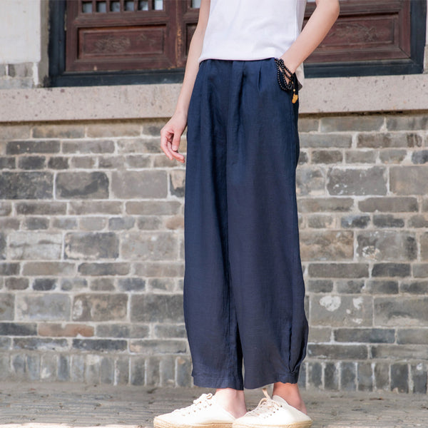 2022 Summer NEW! Women Simple Causal Lantern Style Sand Washed Linen and Cotton Cropped Pants