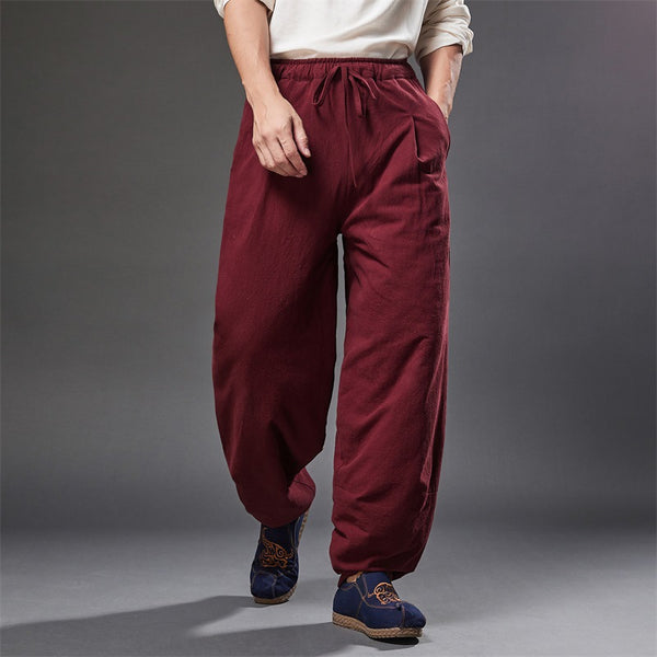 2021 Autumn NEW! Men Retro Style Linen and Cotton Loose Quilted Drawstring Pants