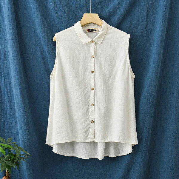 Women Sand-Washed Linen and Cotton Long Sleeveless Shirt