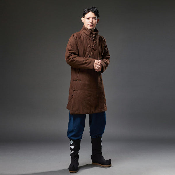 2021 Winter NEW! Men Retro Style Linen and Cotton Quilted Side Buckle Coat