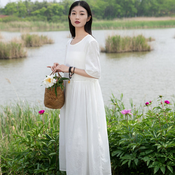 2022 Summer NEW! Women Loose Linen and Cotton Round Neck Middle Sleeve Maxi Dress