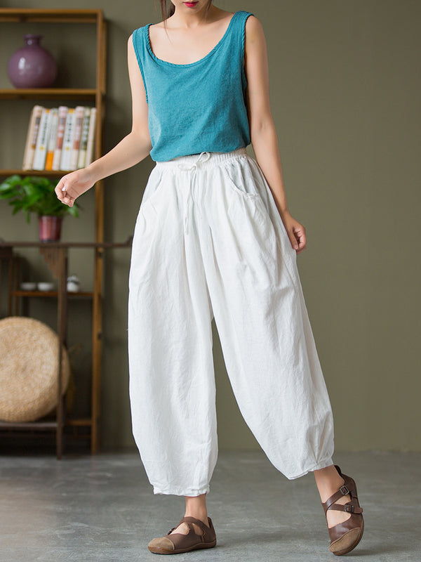 2021 Autumn NEW! Women Lantern Style Linen and Cotton Causal with Waist Belt Loose Cropped Pants