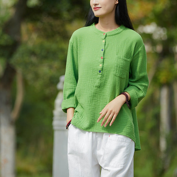 2021 Autumn NEW! Women Simple Light Style Linen and Cotton Pure Color Top Buckle Wrinkled Blouse Shirt