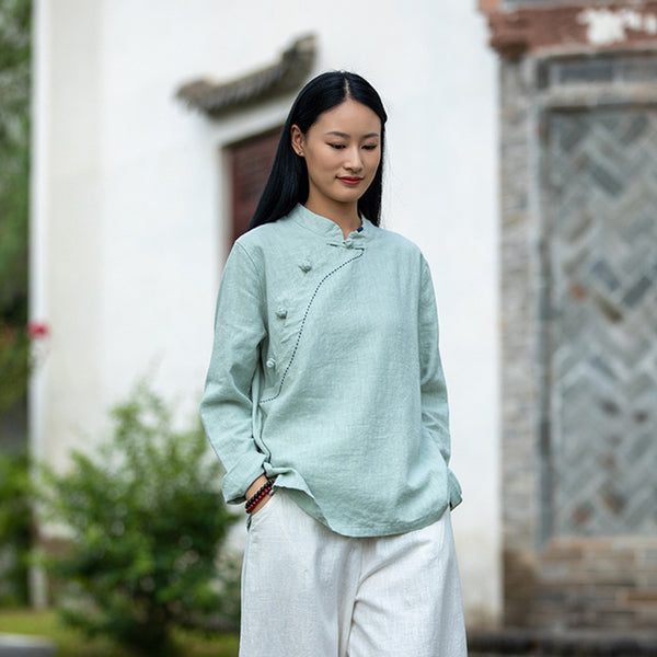 2021 Autumn NEW! Women Retro Style Linen and Cotton Side Buckle Collar Chinese Blouse