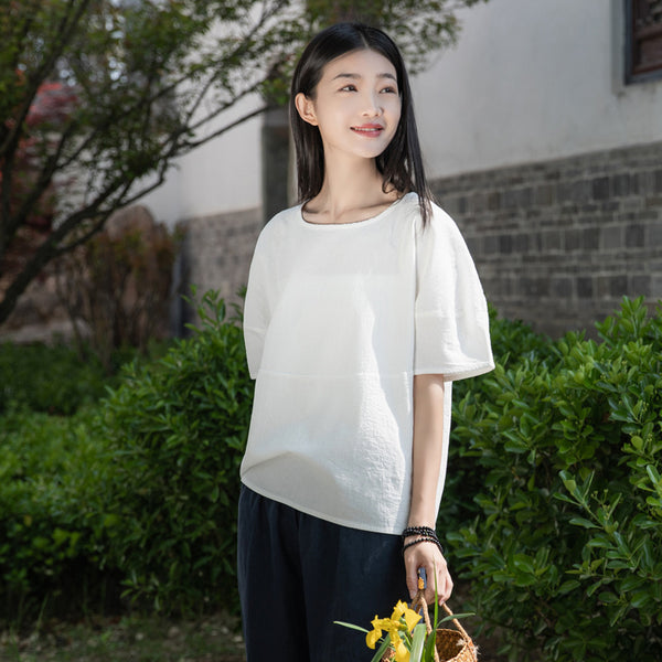 2022 Summer NEW! Women Causal Style Linen and Cotton Round Necked Short Sleeves Shirt