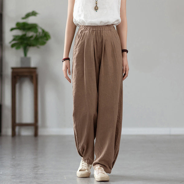 2022 Summer NEW! Women Simple Causal Lantern Style Sand Washed Linen and Cotton Pants