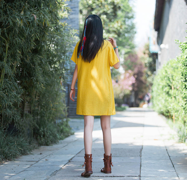 Women Retro Asian Type Linen and Cotton Pure Color Tunic Short Dress