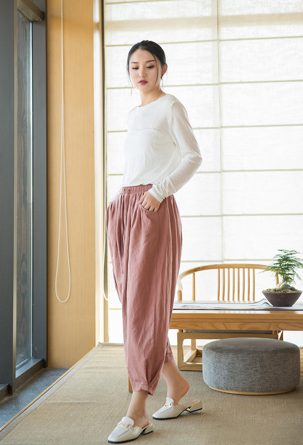 2022 Summer NEW! Women Modern Style Sand Washed Linen and Cotton Lantern Cropped Pants