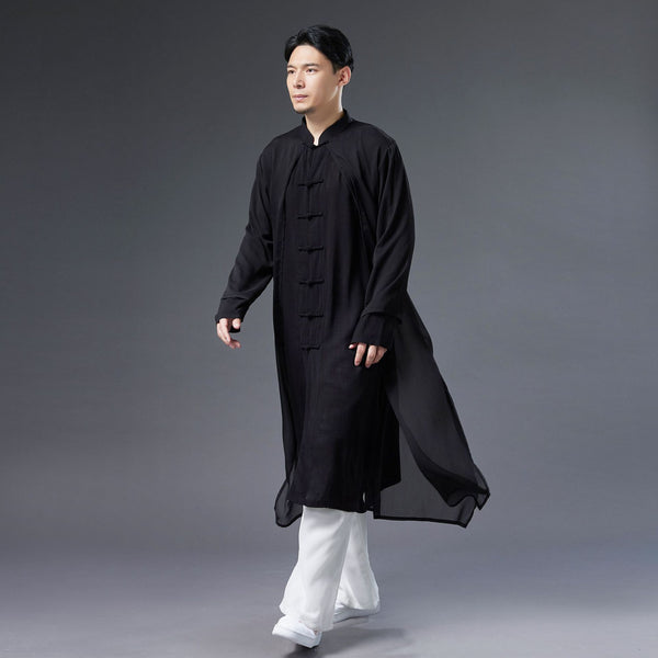 Men Classic Asian Style Linen Long Sleeve Round Collar Pure Color Cheongsam