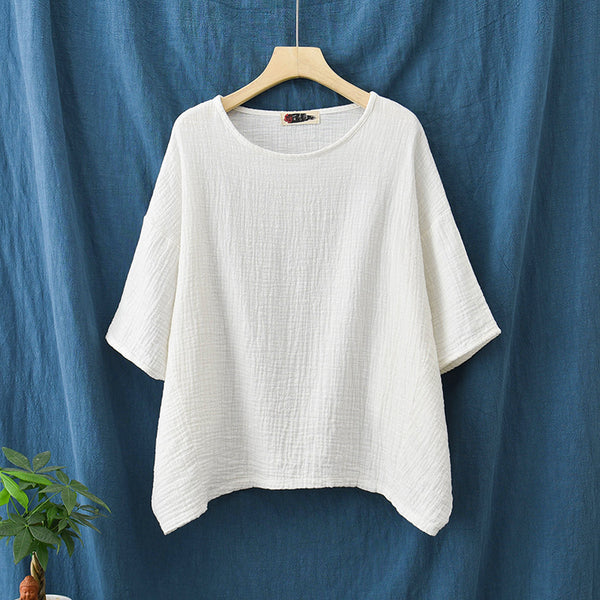 Women Round Necked Linen and Cotton Loose Middle Sleeves Wrinkled T-Shirt