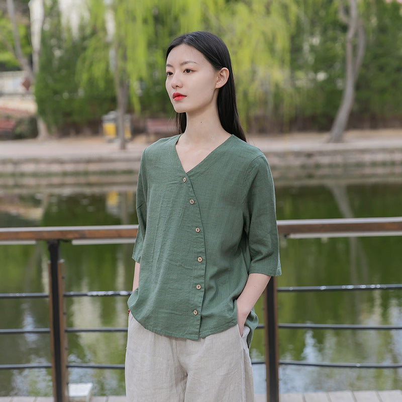 Women Linen and Cotton Middle Sleeves Cardigan Shirt