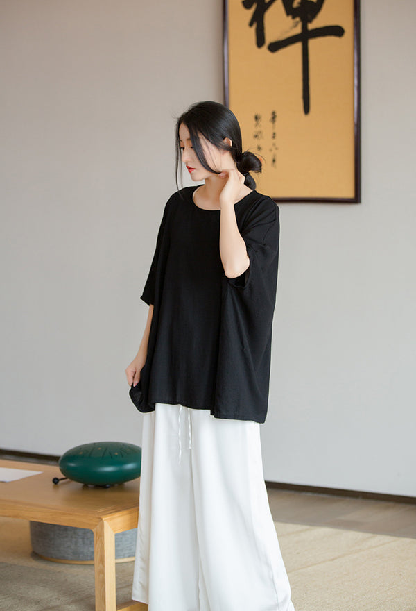 2022 Summer NEW! Women Casual Style Linen and Cotton Long Loose Mid Sleeve T-Shirt