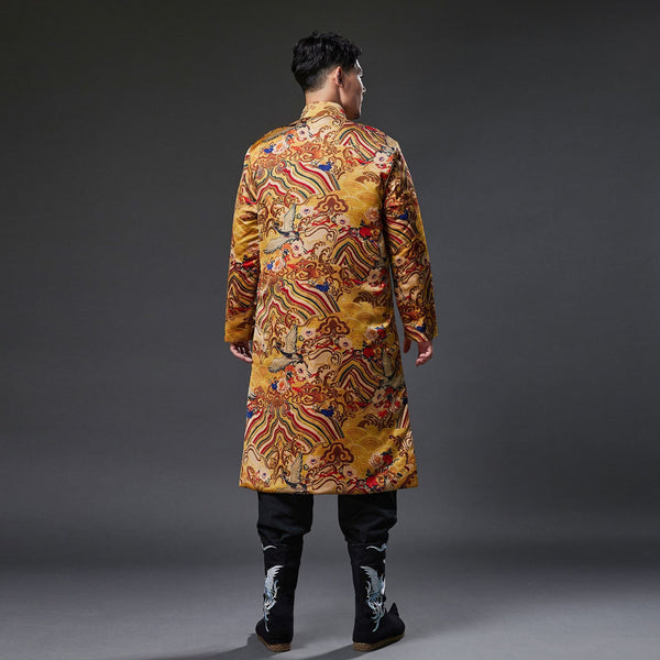 2021 Winter NEW! Men Retro Chinese Pattern Printed Linen and Cotton Quilted Tunic Type Coat