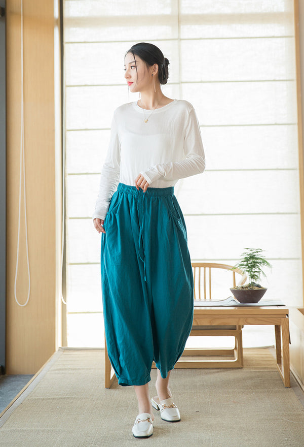 2022 Summer NEW! Women Modern Style Sand Washed Linen and Cotton Lantern Cropped Pants