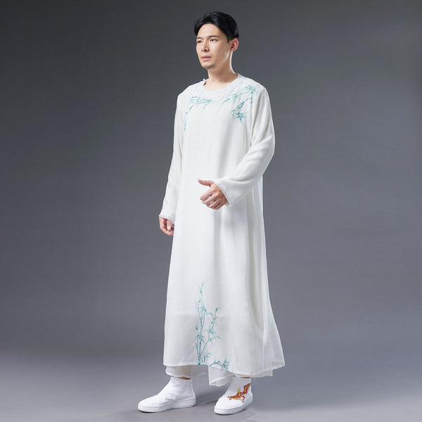 Men Classic Asian Style Linen Long Sleeve Round Neck Bamboo Printed Cheongsam