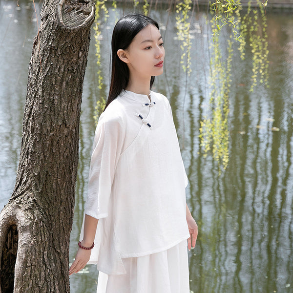 Women Retro Style Linen and Cotton Middle Sleeves Light Chinese Blouse