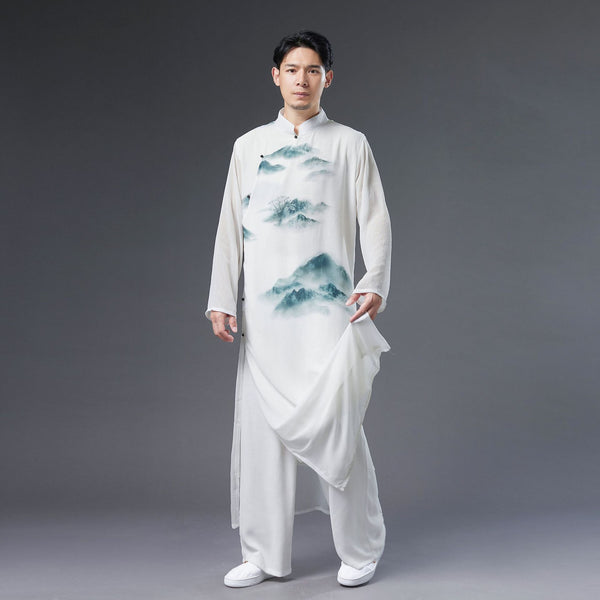 Men Classic Asian Style Linen Long Sleeve Round Collar Landscaping Printed Cheongsam