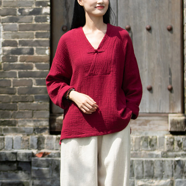 2021 Autumn NEW! Women Asian Style Linen and Cotton Long Sleeves V-necked Chinese Blouse