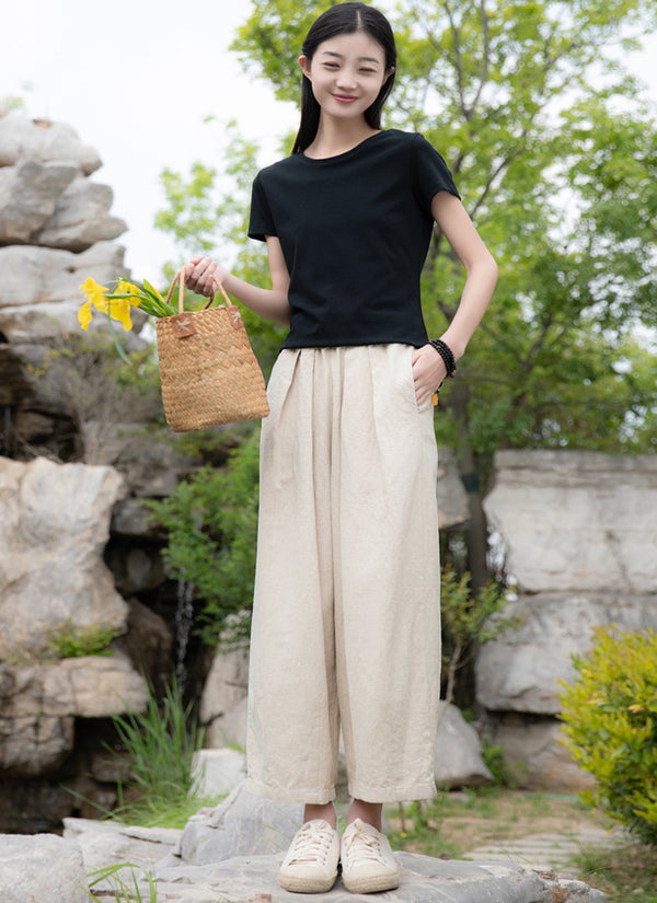 2022 Summer NEW! Women Retro Style Sand Washed Linen and Cotton Wide Leg Pants