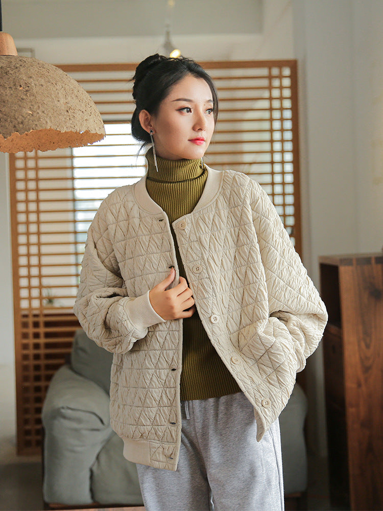 Winter NEW! Women Round Collar Modern Grid Quilted Long-sleeved Thin Jacket