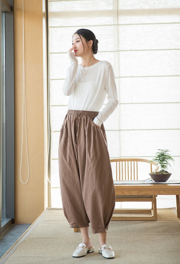 2022 Summer NEW! Women Modern Style Sand Washed Linen and Cotton Lantern Cropped Pants