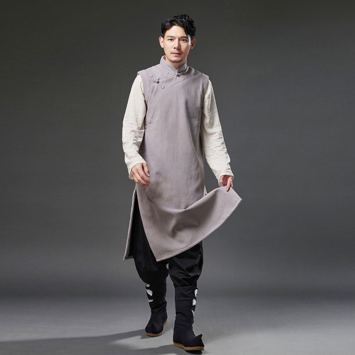 Autumn NEW! Men Retro Chinese Style Linen and Cotton Tunic Type Vest (Inner with Velvet)