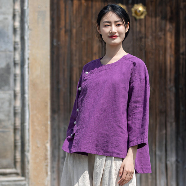 2022 Summer NEW! Women Chinese Ethnic Style Wrinkled Linen and Cotton Bracelet Sleeves Shirt
