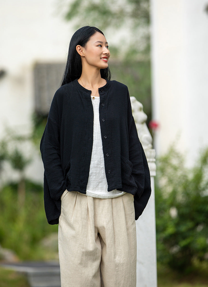 Autumn NEW! Women Retro Style Linen and Cotton Pure Color Light Cardigan Shirt