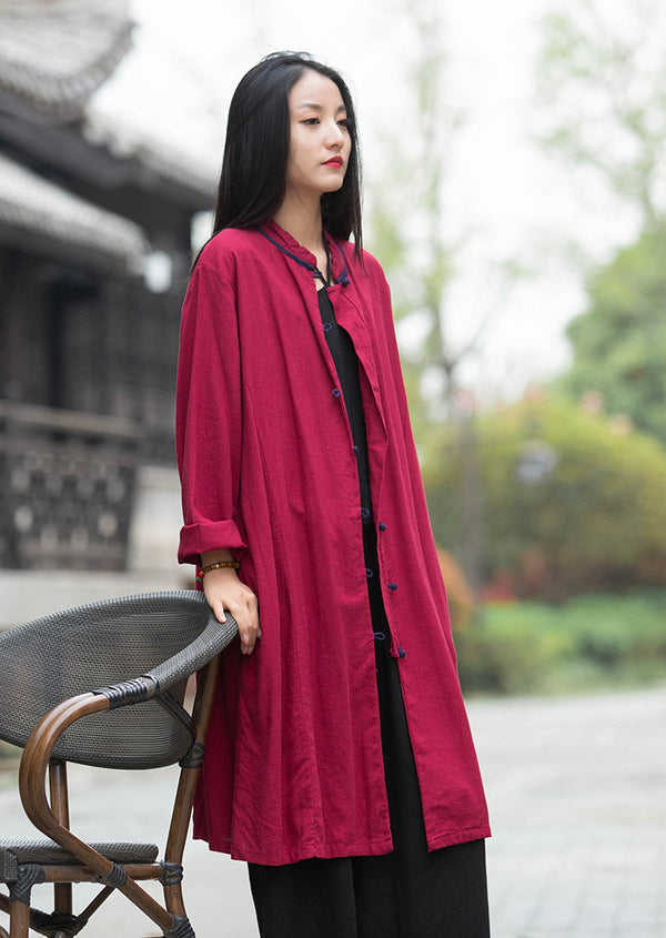 Women Round Collar Asian Style Linen and Cotton Long-sleeved Coat