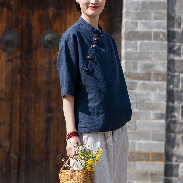 2022 Summer NEW! Women Chinese Ethnic Style Linen and Cotton Mid-length Sleeves Shirt