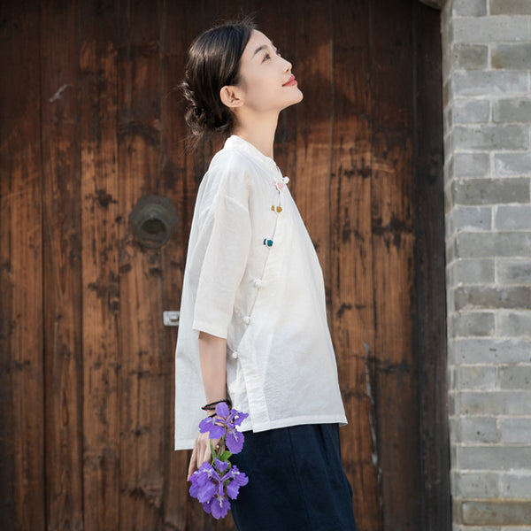 2022 Summer NEW! Women Chinese Ethnic Style Linen and Cotton Mid-length Sleeves Shirt