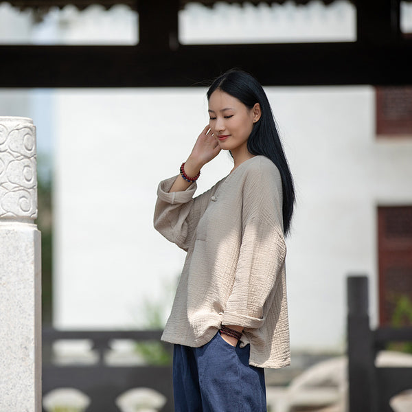 2021 Autumn NEW! Women Asian Style Linen and Cotton Long Sleeves V-necked Chinese Blouse