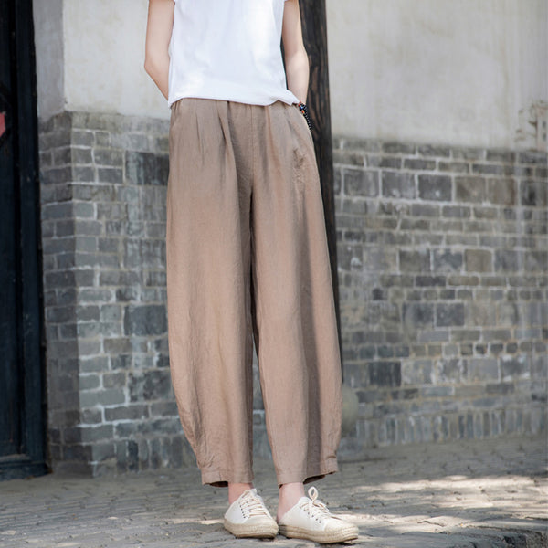 2022 Summer NEW! Women Simple Causal Lantern Style Sand Washed Linen and Cotton Cropped Pants