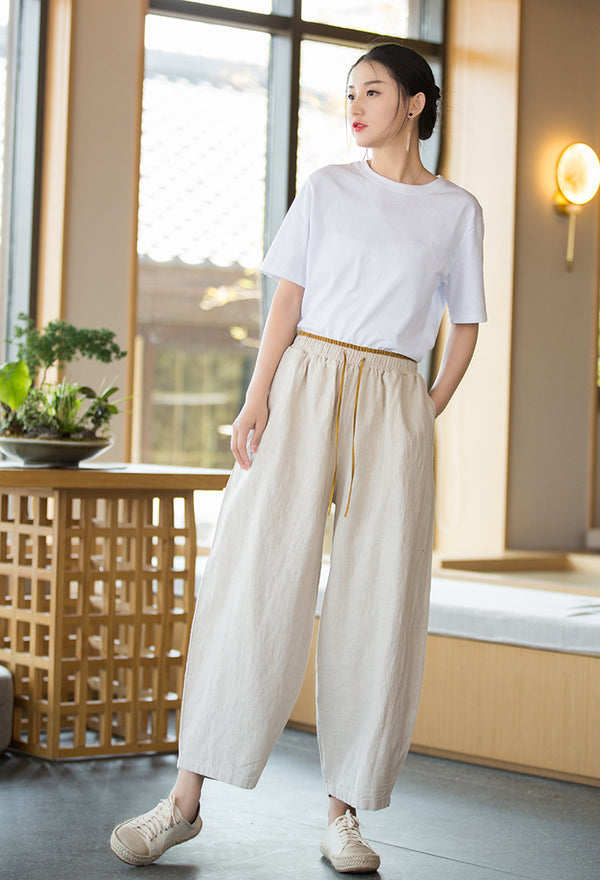 2022 Summer NEW! Women Simple Style Linen and Cotton Cropped Pants