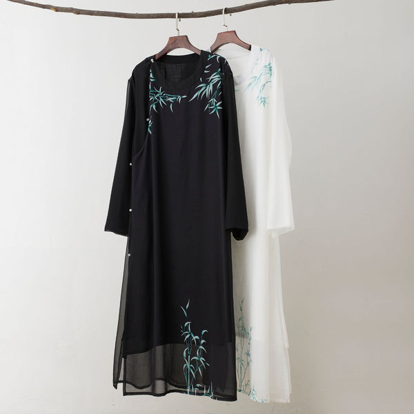 Men Classic Asian Style Linen Long Sleeve Round Neck Bamboo Printed Cheongsam