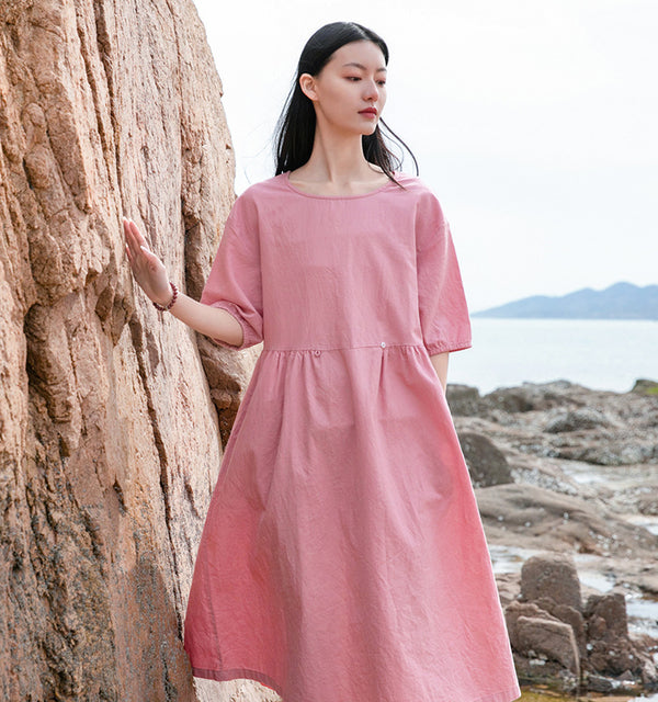 Women Loose Linen and Cotton Round Neck Middle Sleeve Dress