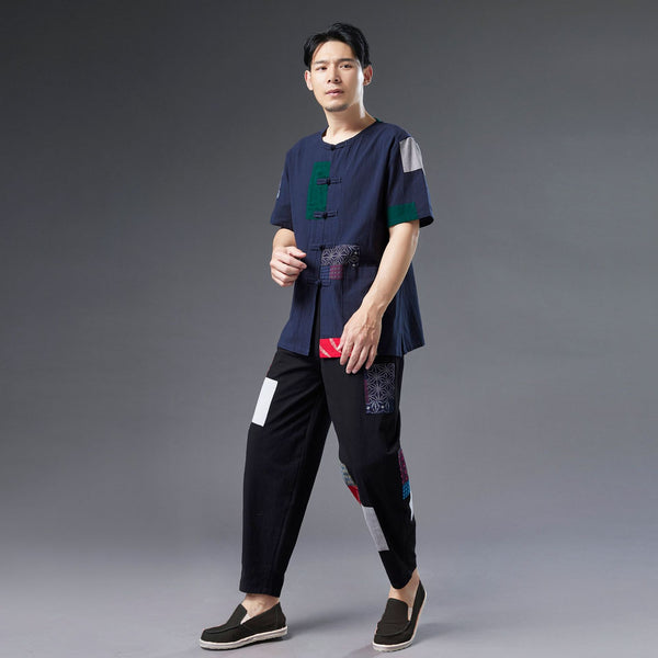 Men Casual Retro Style Patchwork Linen and Cotton Loose Drawstring Pants